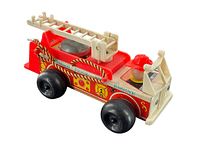 Angled side view showing the red and wood finish, rope detail, and firefighter figure with helmet.