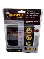 Front view of Xantrex XPower 300 mobile power inverter in retail packaging showing product and features.