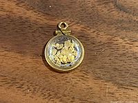 Front view of round shaker pendant containing multiple genuine gold nuggets inside a clear casing with gold-toned edge and loop on a wooden surface.