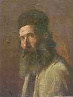 Frontal view of the oil painting on wood board depicting a bearded man, showcasing brushwork and color palette