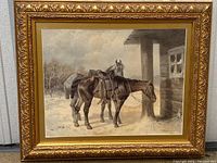 Full frontal of framed painting showing two saddled horses at stable entrance under cloudy sky