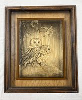 Full front view of framed owl wall art signed by D. Curry, showing the wooden frame and mat.
