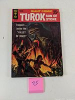Front cover of Turok Son of Stone #1 showing title, cover art with human figures and dinosaur, and a 25 cent price tag.
