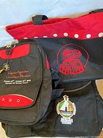Four First Nation-themed bags: one backpack with conference embroidery, and three totes with Indigenous art and button details.
