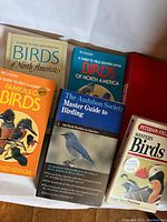 Photo showing six bird identification books with front covers visible. Includes books from Golden Press, Audubon Society, and Peterson Field Guides.