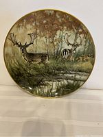 Photo of one collector's plate showing two stags in wooded environment with pond and gold rim