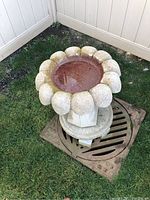 Top view of concrete bird bath showing the petal-shaped rim filled with water, placed outdoors on grass.