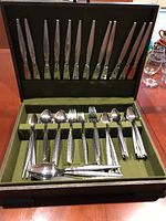 Open case showing 10 knives, 4 forks, 6 spoons, and 4 teaspoons arranged in a green lined storage box.