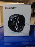 Front view of L8star smart watch box showing the watch display and packaging design