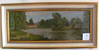 Straight-on view of full landscape painting in original gold-tone frame