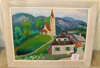 Full framed painting showing church with mountain background and nearby houses