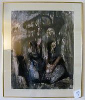 Framed mid-century modern art print showing full front view in gold frame with glass. Abstract dark colored composition signed V.J. dated 1968.