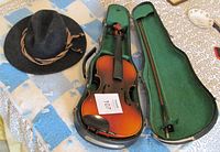 Photo showing wool hat and open violin case with violin and bow inside, placed on a patterned textile surface.