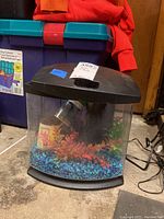 Front view of the small fish tank showing the curved glass, black lid, artificial plants inside, and gravel substrate.