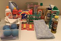 Photo of various cleaning and laundry containers including Tide, Vim, Fantastik, Wisk, Fleece fabric softener, Borax box, dryer balls, and mop heads.