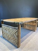 Side view of rattan bamboo lap table showing woven panel and bamboo frame.