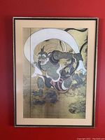 Framed Japanese artwork showing Wind God figure with green skin holding a white cloth, sized about 28.75" x 21.75".