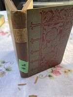 Front cover and spine of the antique hardcover book Twice-Told Tales showing cloth cover with red floral pattern and title on spine.