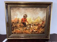 Front view of framed painting showing child in orange shirt and ducks in autumnal setting, signed by artist.
