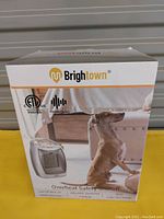 Photo of Brightown space heater box front showing dog beside heater and mentioning Overheat Safety Shutoff feature
