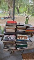 Shows several stacks of vinyl record albums arranged on a table outdoors with trees and yard visible in background.