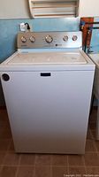Front view of Maytag top load washer showing control panel and lid