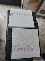 Photo of both paintings stacked on a surface showing texture and color details in the brushstrokes.