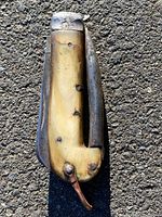 Top down view of the Inuit bone handled utility knife showing the front of the bone handle and metal frame with oxidation and surface wear.