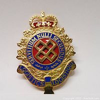 Front view of the Canadian Air Forces cap badge showing gold finish with red and blue enamel, maple leaf border, crown emblem, and inscriptions.
