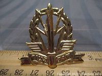 Front view of Israeli Signal Corps beret badge showing overall design and size relative to ruler.