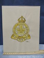 Frontal image of watercolor artwork displaying Canadian military cap badge with signature 'LD /74' at bottom right, with a tape measure showing width of about 7 inches.