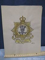 Photo of an artwork showing detailed Royal Regiment of Canada cap badge illustration, signed LD/74, approximately 7 x 9 inches in size