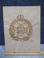 Full front view of the Royal Rifles of Canada cap badge artwork on cream paper with visible signature and date.