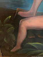 Close-up of painting showing the woman's legs and nearby plants, highlighting brushwork and colors.