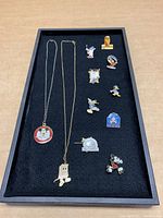 Full view of the lot showing 10 Disney lapel pins and 2 necklaces on black tray