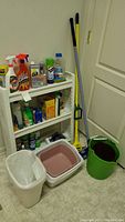 Overall image showing plastic white 3-tier storage shelf holding assorted cleaning bottles, mops leaning against the wall, and multiple plastic buckets in front including a green bucket and white garbage pail with liner