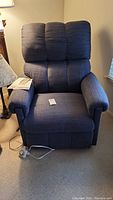 Full view of the blue tweed La-Z-Boy recliner showing the chair’s overall design and dimensions.