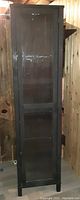 Front view of tall black wood and glass display cabinet showing glass door and shelves inside.