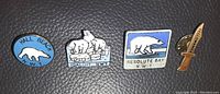 Four lapel pins displayed on dark surface. Pins represent Hall Beach, Iqaluit, Resolute Bay, and Yellowknife in Canada's Northwest Territories.