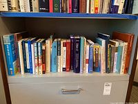 Books on shelving with visible titles including medical coding and psychology texts