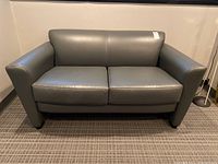 Front view of gray loveseat with two seat cushions and continuous backrest. Shows overall shape and condition.