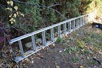 Side view of aluminum ladder segment lying on ground with foliage in background.