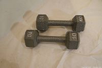 Top-down view of both 10 lb dumbbells lying flat on a white surface, showing weight numbers clearly.