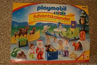 Front side of the Playmobil 1.2.3 Advent Calendar box showing included figures and accessories in a winter scene. The box shows various animal figures, children, Santa Claus, and festive items like sleigh and gifts.