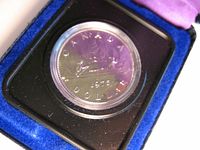 Close-up of 1975 Canadian dollar coin in plastic capsule showing detailed engraving and year.