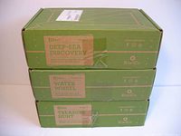 Stacked view of three KiwiCo craft kit boxes labeled Deep-Sea Discovery, Water Wheel, and Treasure Hunt