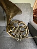 Full view of the worn brass French horn showing the bell and coiled tubing with rotary valves.