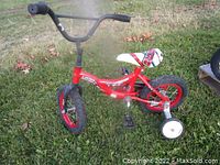 Side view of the red Sportek Micro boys bike with black handlebars, red rims, 12.5 inch off-road tires, and attached training wheels on green grass background.