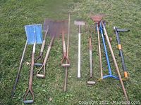 Photo shows 11 garden tools arranged on grass, including shovels, rakes, hoes, a garden fork, pickaxe, mallet, and blue metal frame.