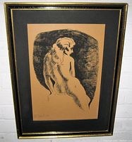Framed serigraph artwork showing the full piece in a black/gold frame with black matting, focusing on the subject depicted in black ink on a brown background.